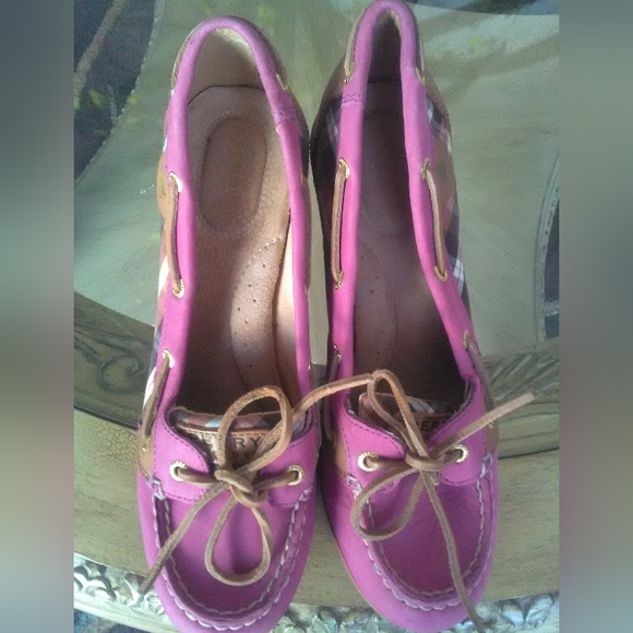 BNWOT PINK SPERRY TOP SIDERS HIGH HEELS (WEDGES) OMG ADORABLE! SZ. 8 M LEATHER - Picture 8 of 12